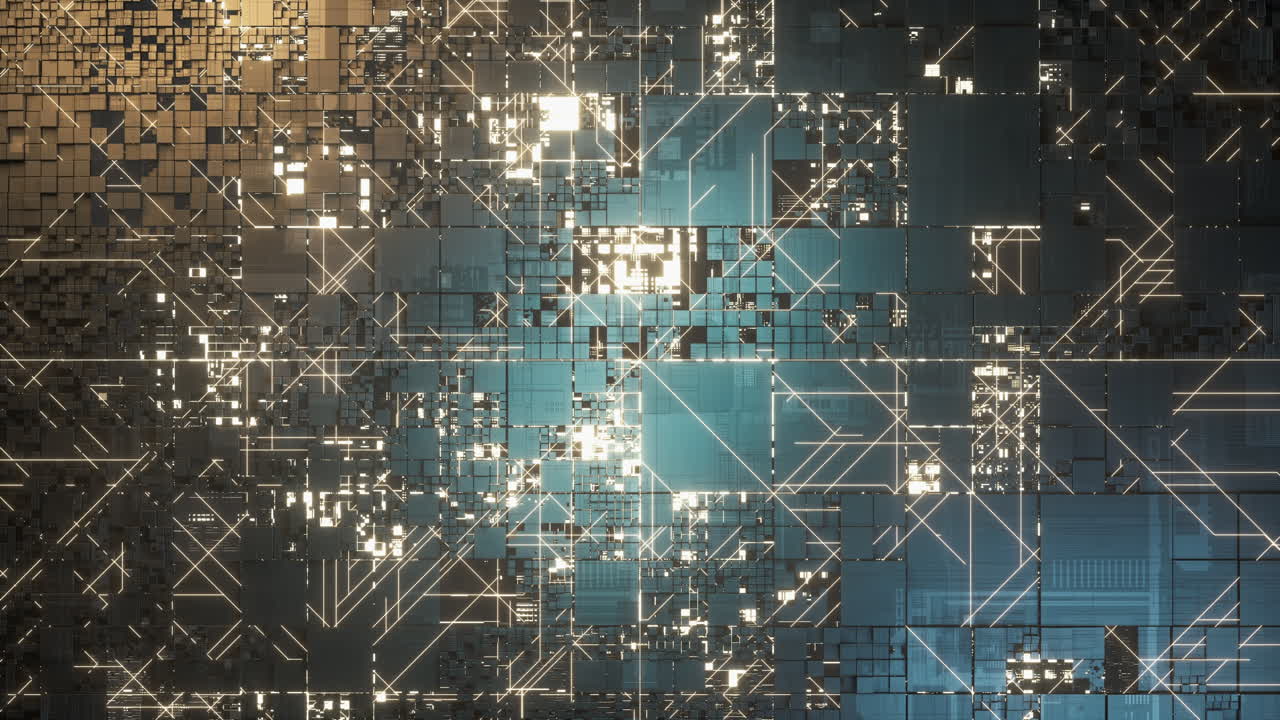 Circuits and cubes with dark background, 3d rendering.
