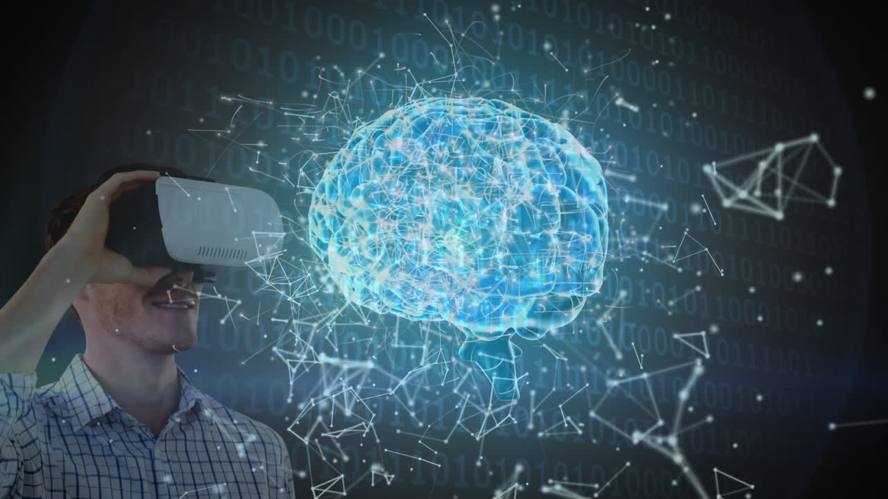 usando auriculares vr, el hombre interactuando con el cerebro digital y animación de código binario