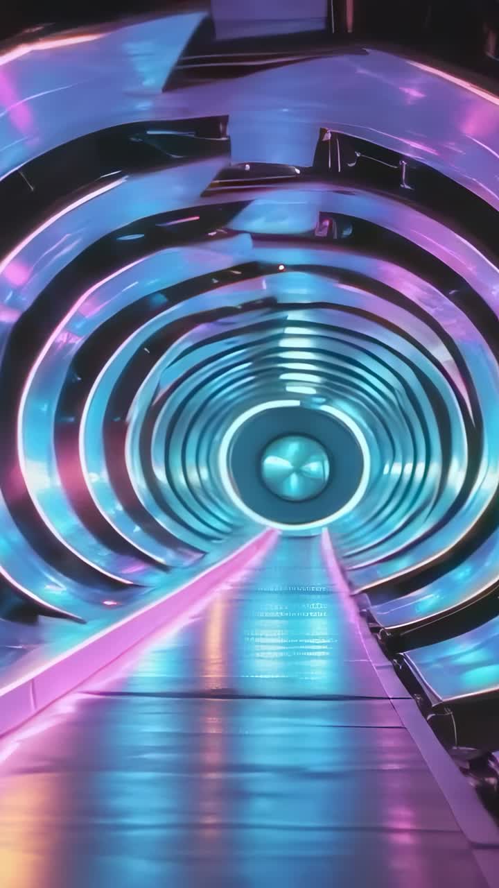 Vertical video: Entering camera gliding toward hub inside neon tunnel, highlighting magenta rings