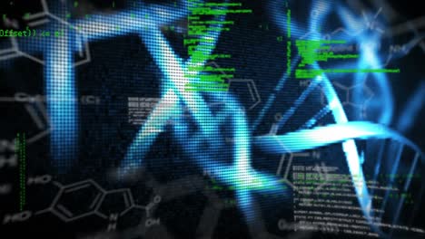 Animation-Des-Spinnens-Von-3D-DNA-Strängen-Und-Der-Wissenschaftlichen-Datenverarbeitung-über-Chemische-Verbindungen