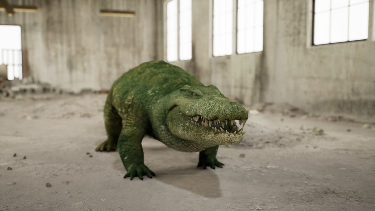 Crocodile walking on a concrete floor in an abandoned industrial building