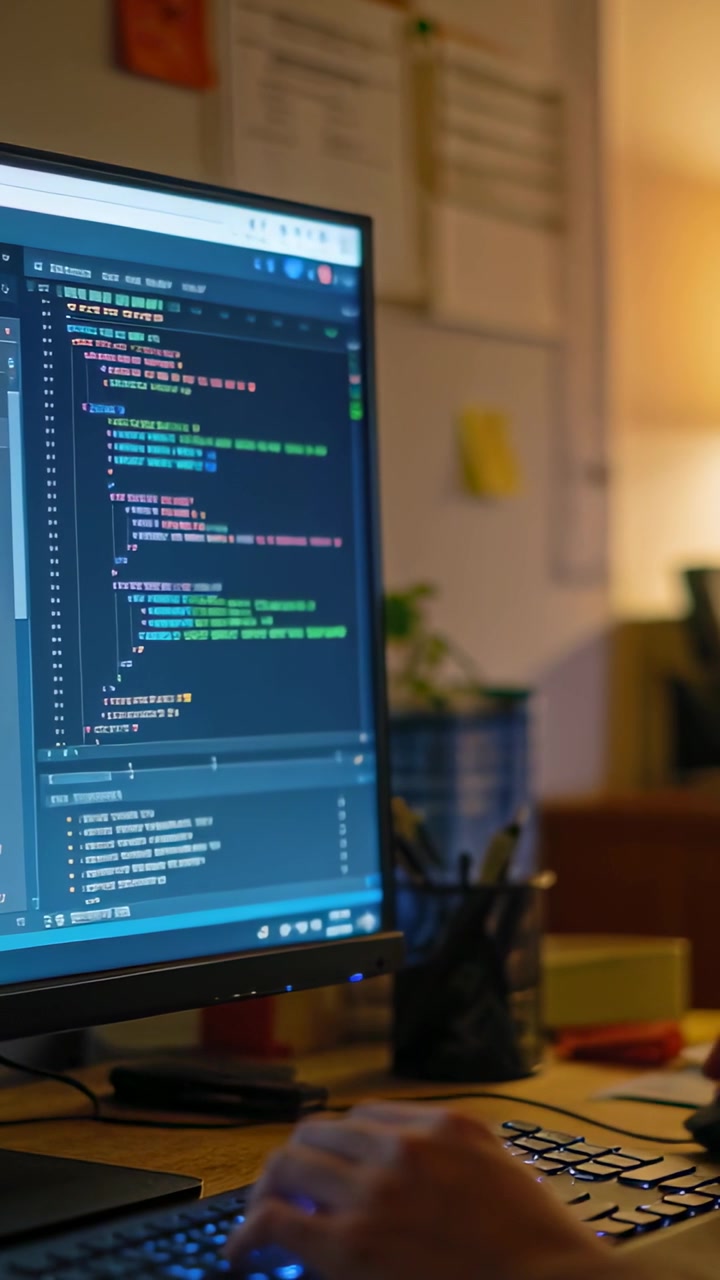 Vertical video: Starting work hands in long-sleeve typing and fixing code on monitor at home desk