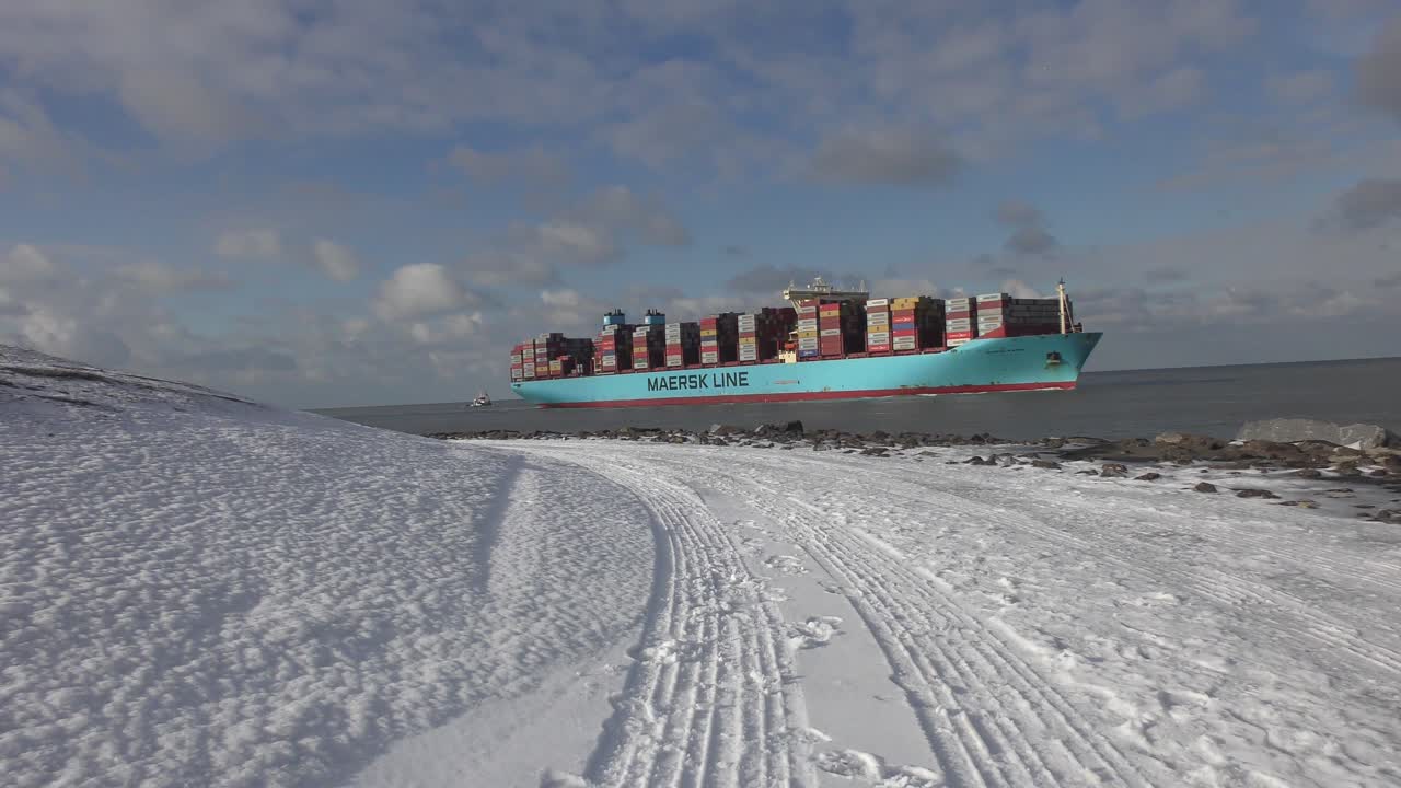 Maersk Line Container Ship in Snowy Waters