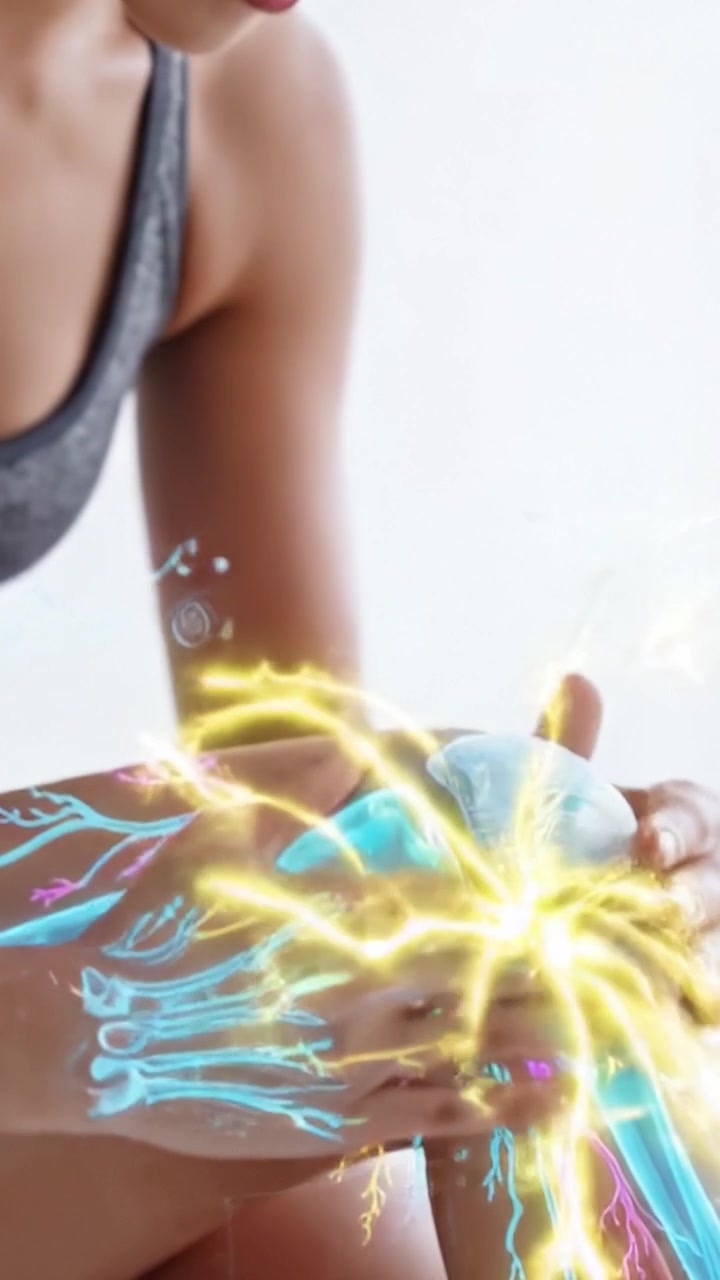 A Focused Athlete Rejuvenates with Energy Healing Techniques, Massaging Her Knee for Recovery and Wellness in an Inspiring Fitness Environment