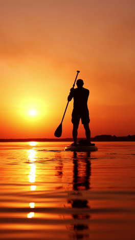 dark male silhouette standing on sup board on the river. man rowing slowly distancing from the camera. vertical video