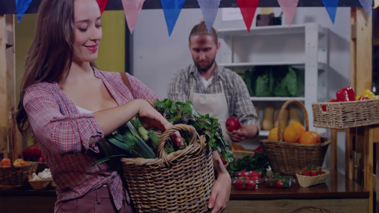 Smiling woman picking greens at market stall, activating animated price tags and chart for sale