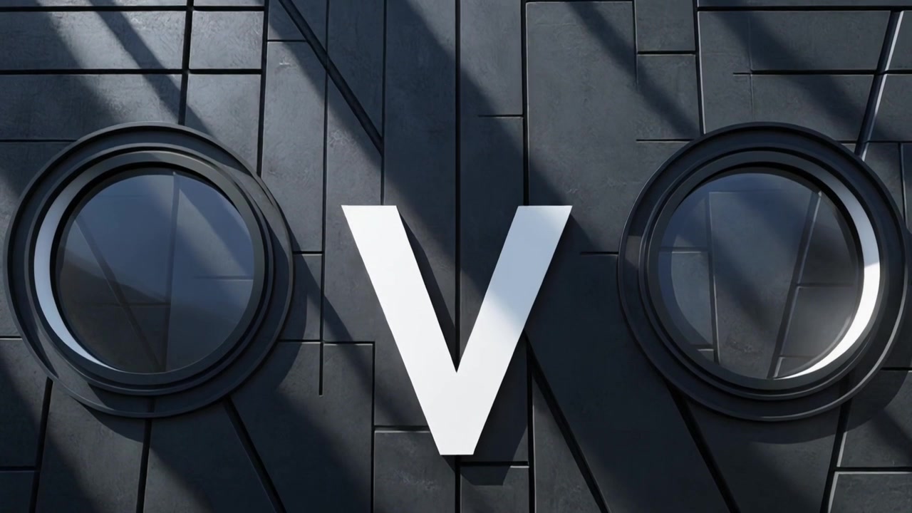 Abstrakte 3D-Animation des Buchstabens V auf dunkler geometrischer Wand