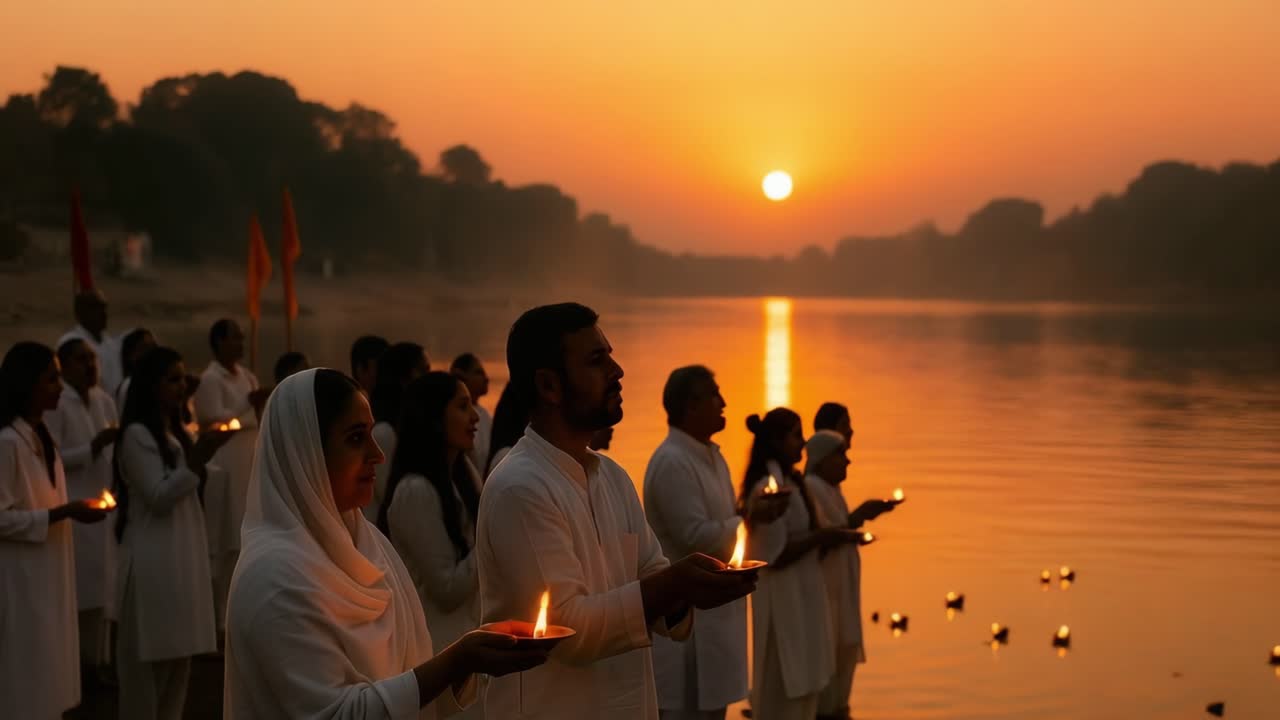 Individuals dressed in white hold candles at sunset by the river, capturing a moment of tranquility and togetherness in a spiritual gathering with glowing reflections
