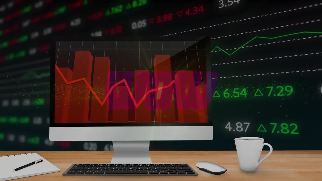 animación de la taza de café y el teclado, gráficos en el escritorio sobre el tablero de negociación contra fondo negro