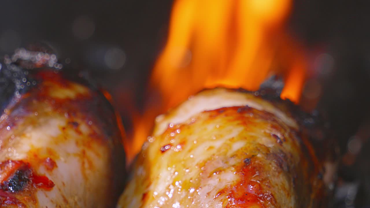 Close Up of Chicken Drumsticks Cooking with Red Hot Flames in Background with Juicy Marinated Meat Being Cooked. Summer Outdoor Lean High Protein Ingredients. Tasty and Delicious Food.