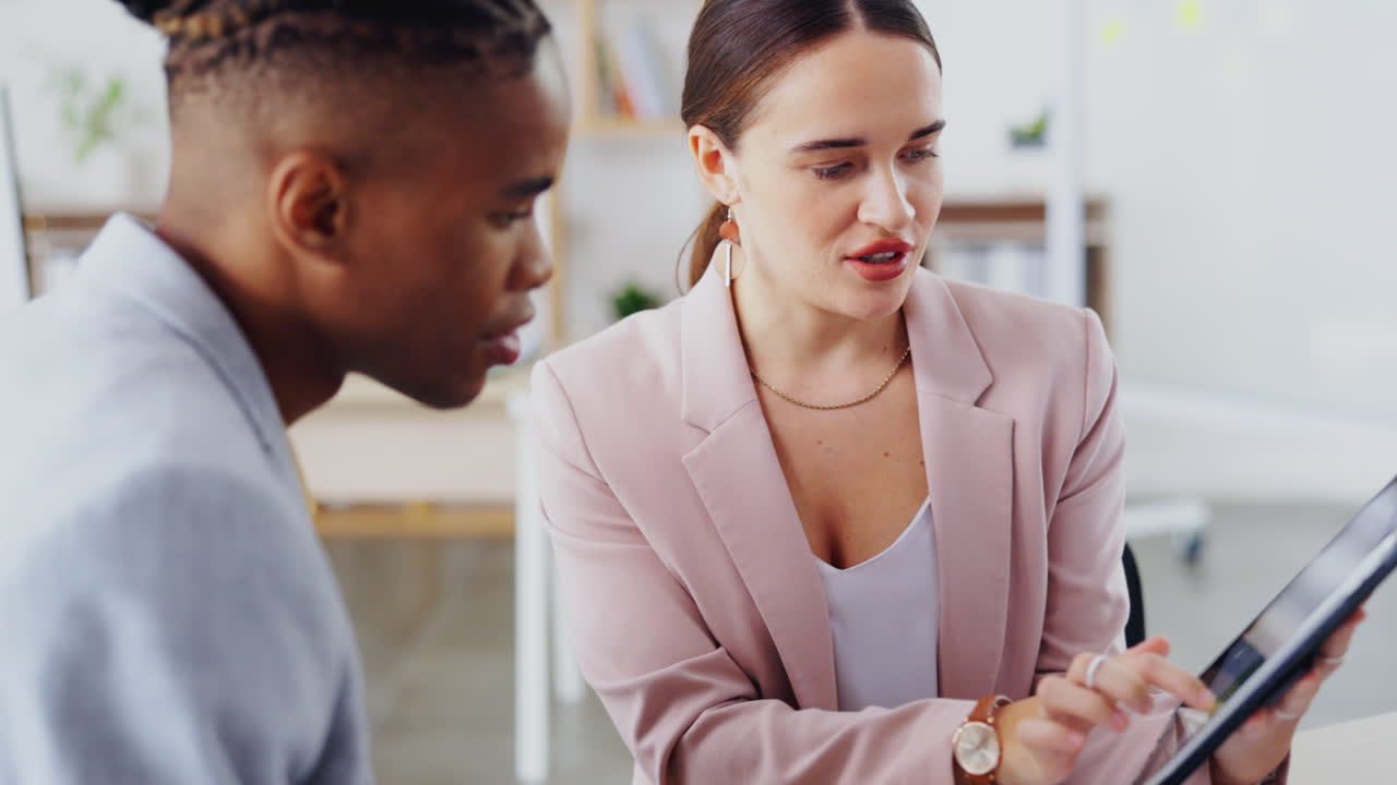 Tablet, conversation and business people