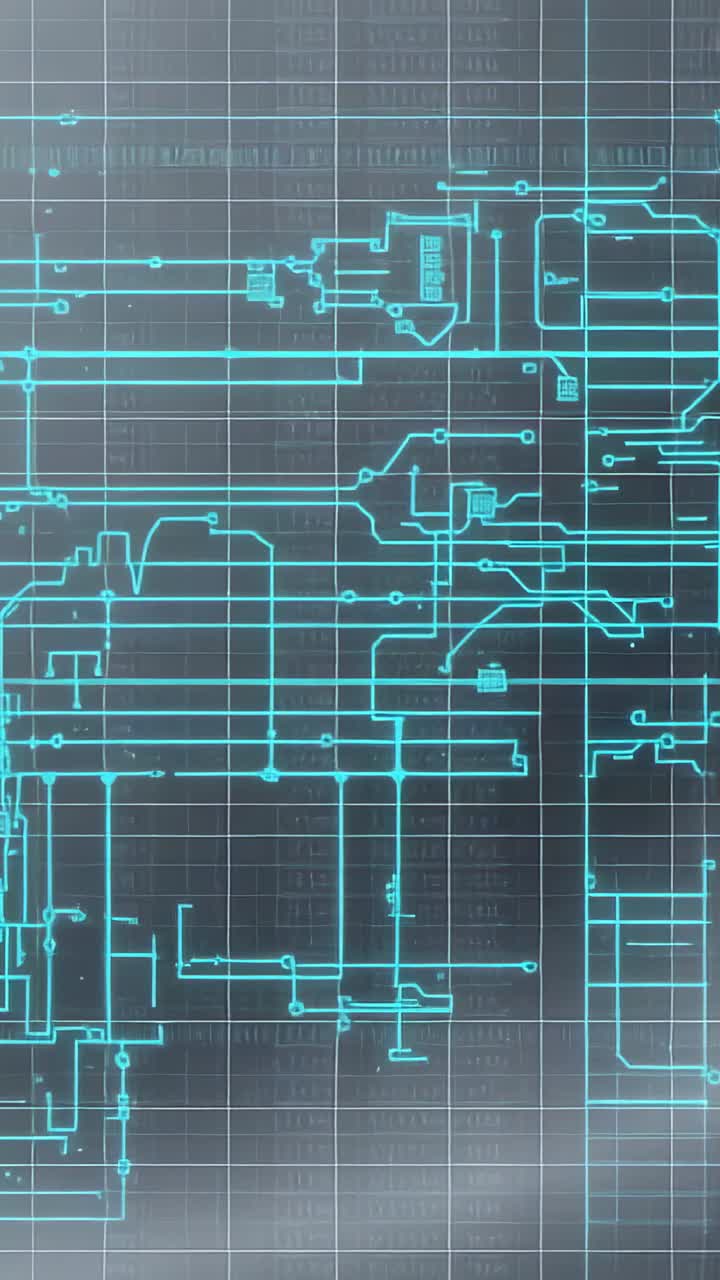 Vertical video: System interface displaying neon blue circuit schematic on grid at startup