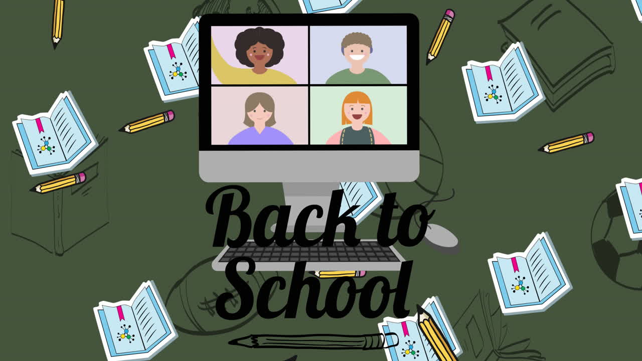 Animation of back to school text over school items icons on green background