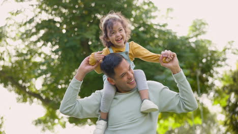 happy, piggyback and father with girl in nature