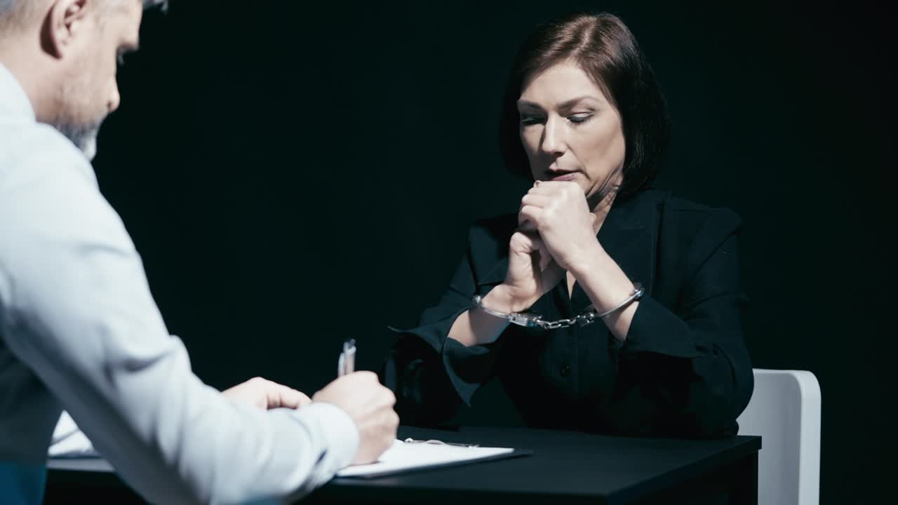 mujer esposada arrestada por sospecha de fraude respondiendo a preguntas de detectives