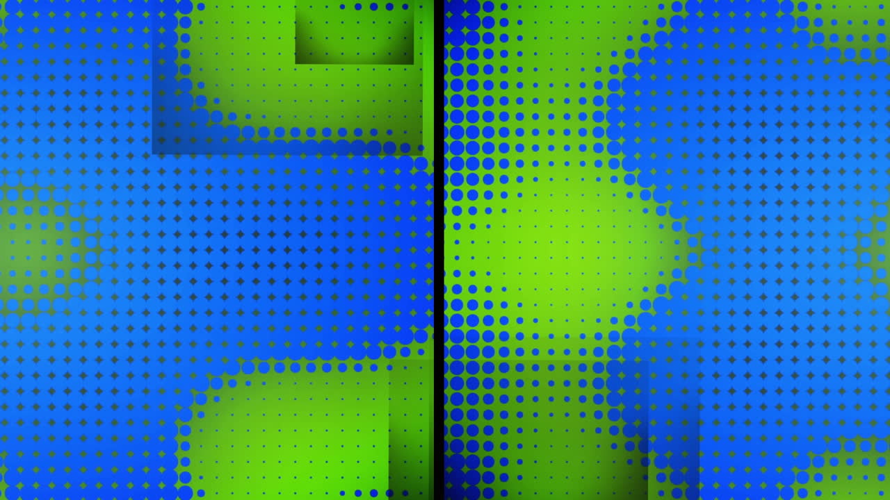 animación de pantalla dividida con cuadrados grises y píxeles azules que cambian de tamaño sobre fondo verde