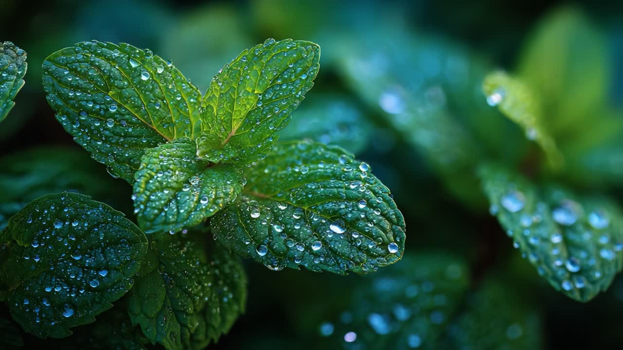 A Close-Up of Lush Mint Leaves Adorned with Glimmering Water Drops, Capturing the Essence of Freshness and Natural Beauty in a Serene, Green Environment