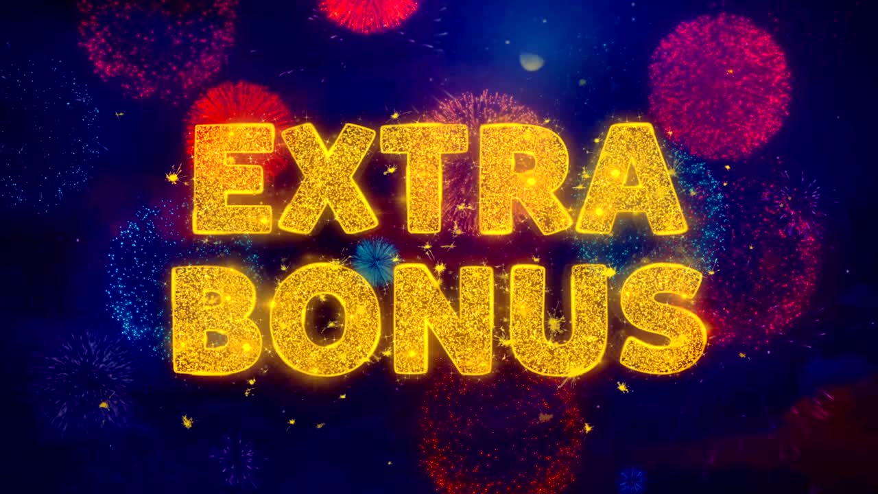 Extra Bonus Text on Colorful Firework Explosion Particles.