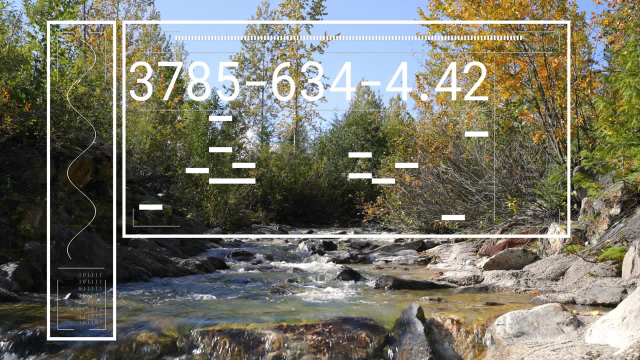 Flowing stream in forest with numerical data and patterns overlay animation