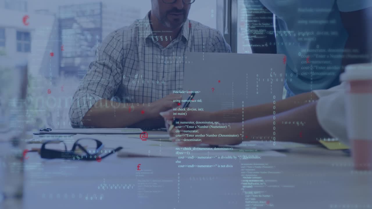 Animation of data processing over diverse businesspeople in office