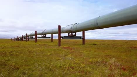 aerial view low over arctic, foliage nature, towards the trans-alaska pipeline system, oil transportation pipe at the dalton highway, cloudy day, in alaska, usa - low, dolly, drone shot