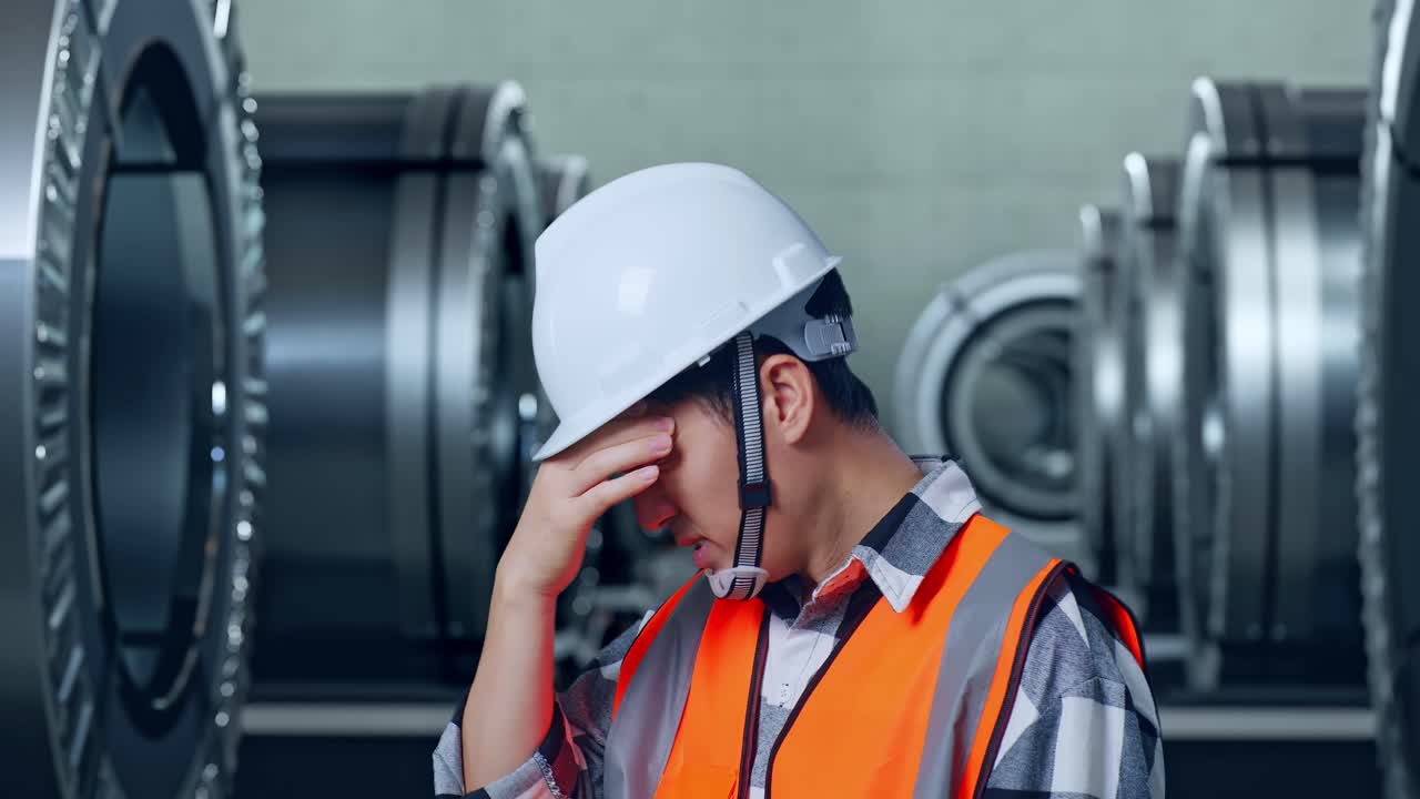 금속 공장에서 일하는 동안 두통을 겪는 안전 헬을 입은 아시아 남성 엔지니어의 가까운 면