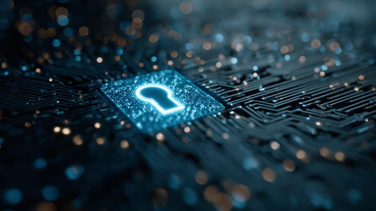 Exploring the Digital Keyhole: A Close-Up View of a Circuit Board Illuminated by a Lock Symbol Emphasizing Data Security and Protection in Technology