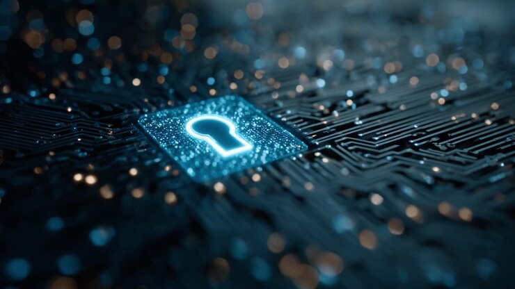 Exploring the Digital Keyhole: A Close-Up View of a Circuit Board Illuminated by a Lock Symbol Emphasizing Data Security and Protection in Technology