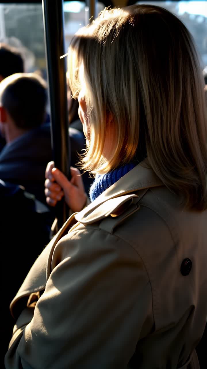 Female passenger standing in a crowded bus, engrossed as he explores the city.