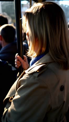 female passenger standing in a crowded bus, engrossed as he explores the city.