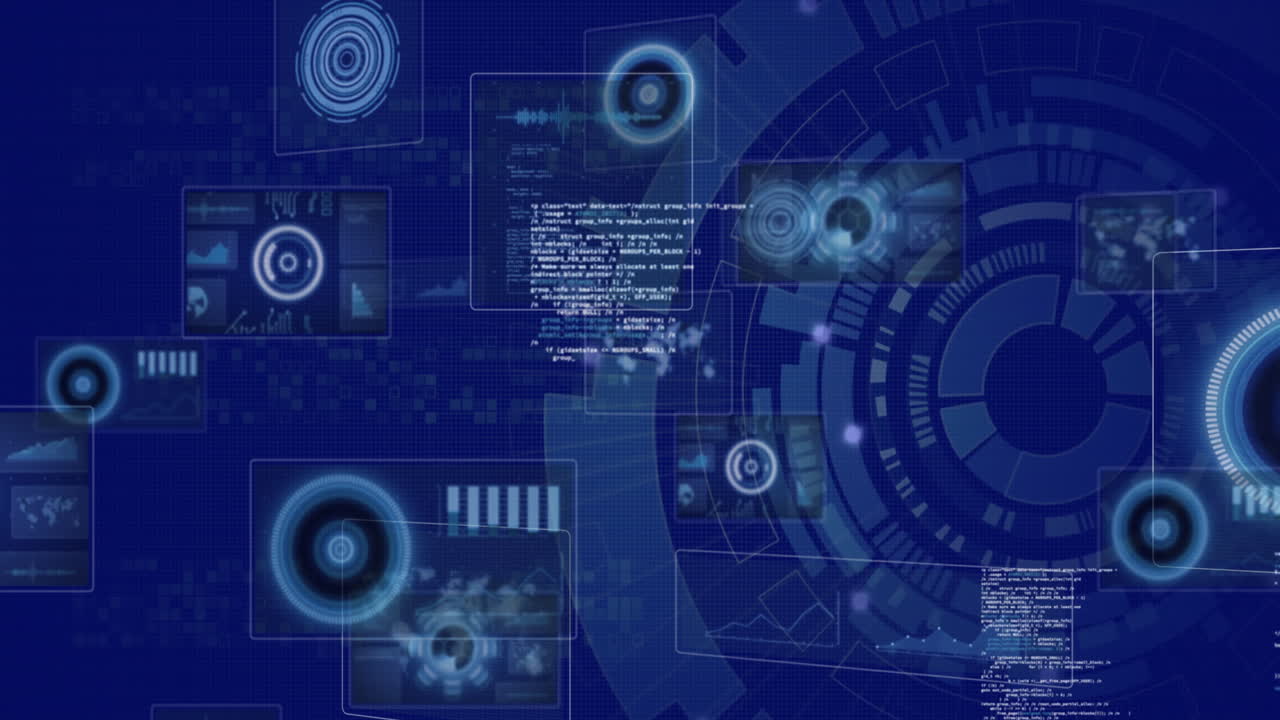 Animation of data processing and digital icons over scope spinning