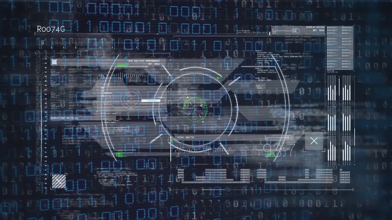 Animation of scope scanning and data processing on black background