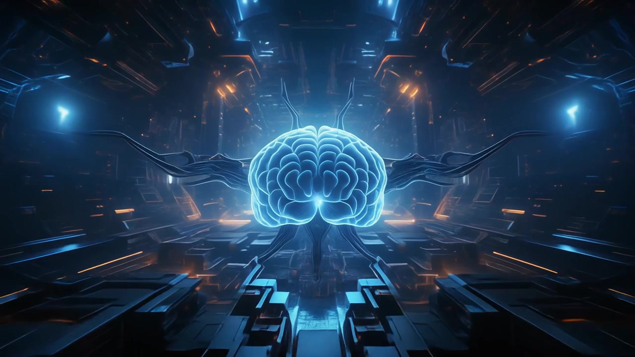 Glowing Digital Brain Floating in Futuristic Cybernetic Corridor