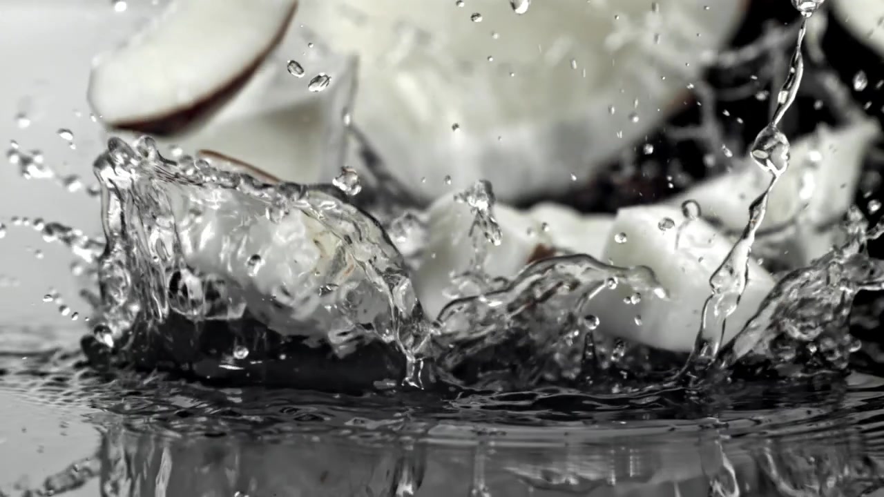 Pezzi di cocco che cadono al rallentatore nell'acqua con schizzi