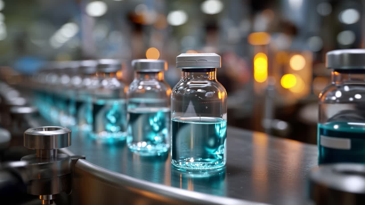 A Series of Glass Vials Filled with Blue Liquid on a Production Line in a Pharmaceutical Manufacturing Setting, Representing Modern Medical Solutions and Innovation
