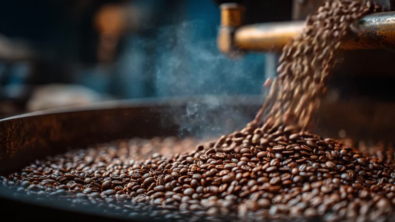 Majestic Roasting Process: Coffee Beans Falling into a Pan with Cinematic Depth and Beautiful Texture Captured in Vivid Details and Rich Brown Hues