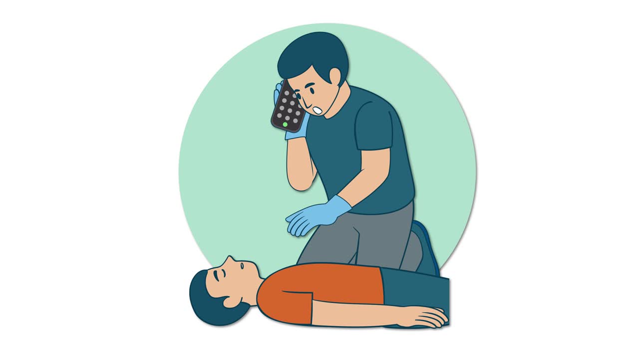 Man kneels beside unconscious person, uses smartphone to call emergency services, flat vector animation