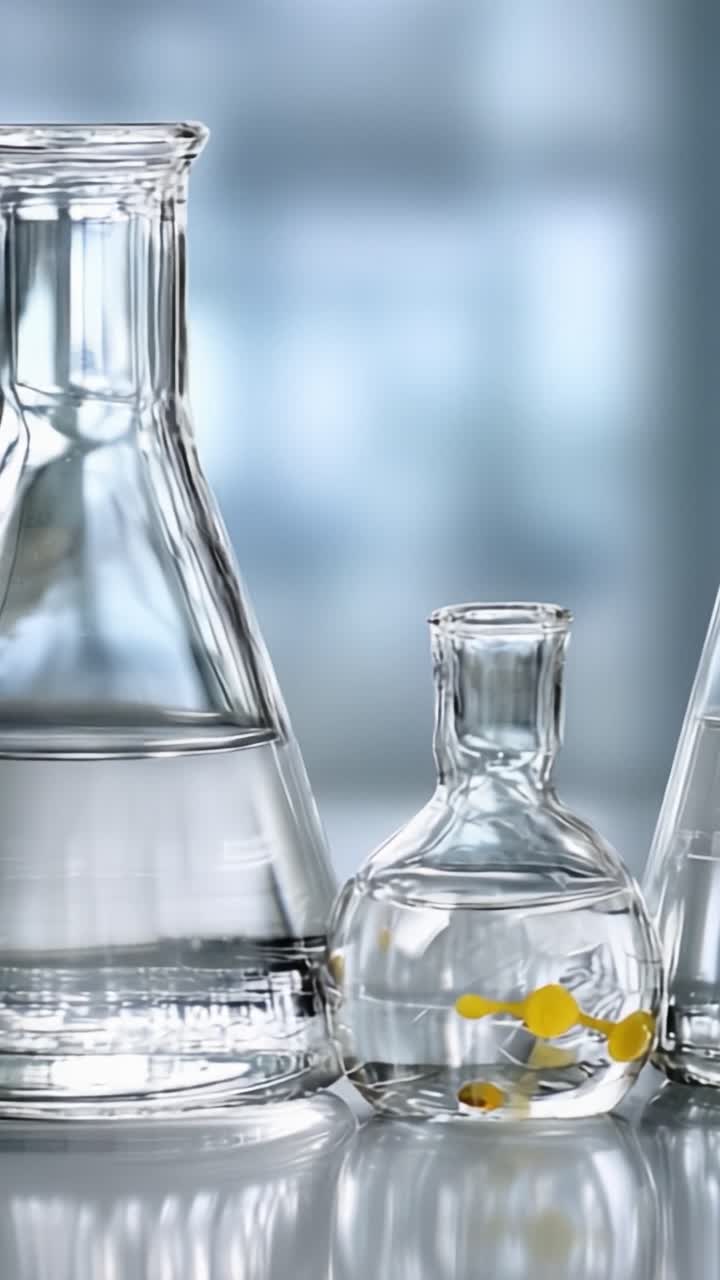 Una vista ravvicinata di vetreria da laboratorio che mostra dettagli intricati di fiaschette riempite con acqua e liquidi colorati, sottolineando la bellezza della scienza e della sperimentazione
