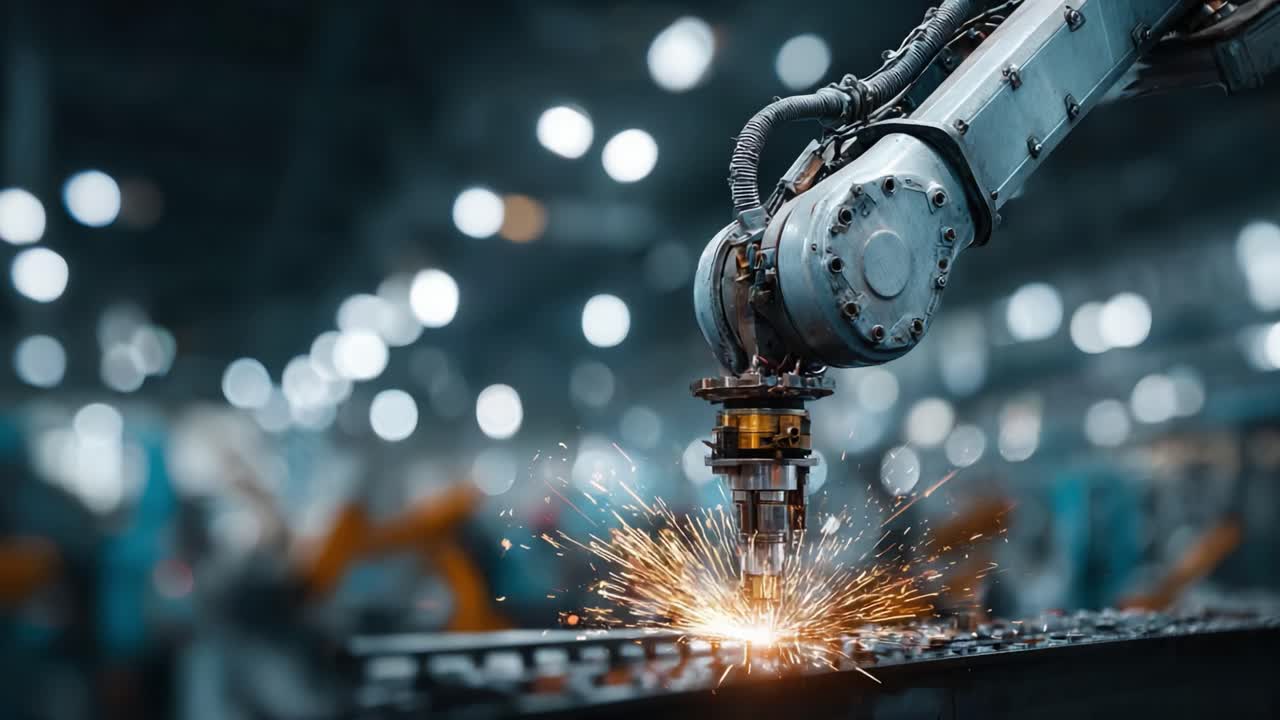 High-Tech Industrial Robotics in Action: A Precision Robot Arm Engaging in Metal Cutting with Sparking Effects, Showcasing Automation and Modern Manufacturing Techniques