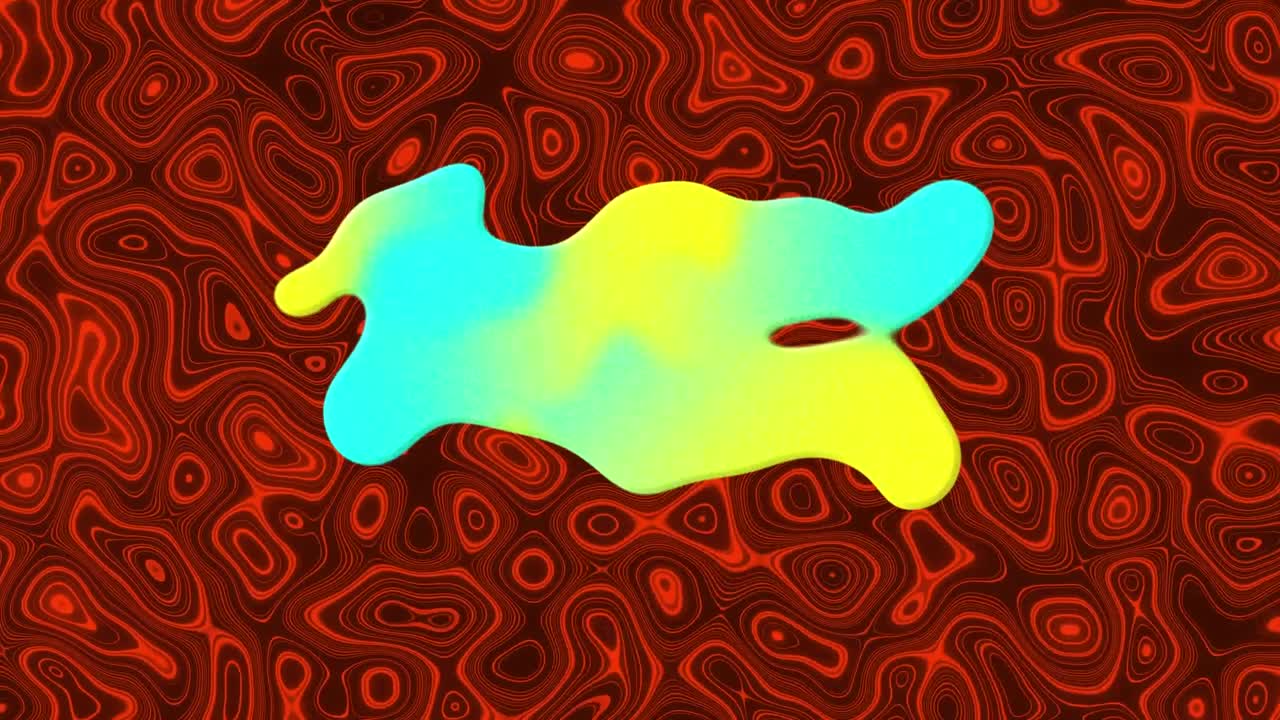 Animace 3D modrého a žlutého tvaru, který se tvoří na červeném lávovém pozadí
