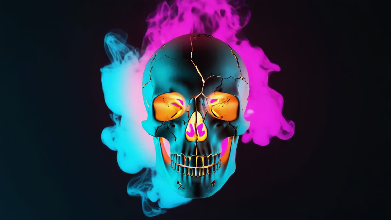 Neon Glowing Skull with Smoke