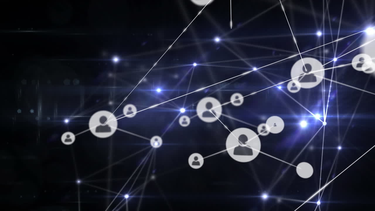 Animazione di reti di connessioni con icone su sfondo nero