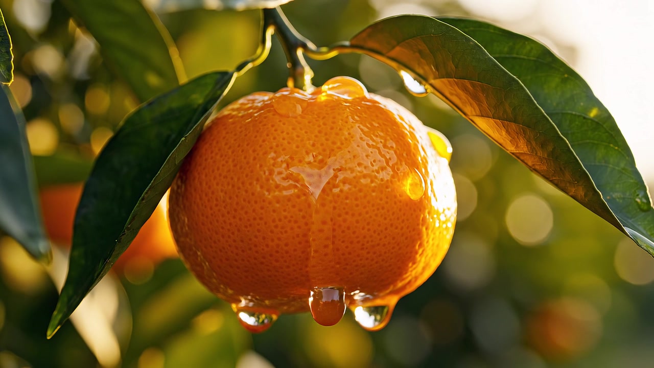 Jeruk mandarin yang tersinari matahari dengan tetesan air berkilauan di dahan pohon