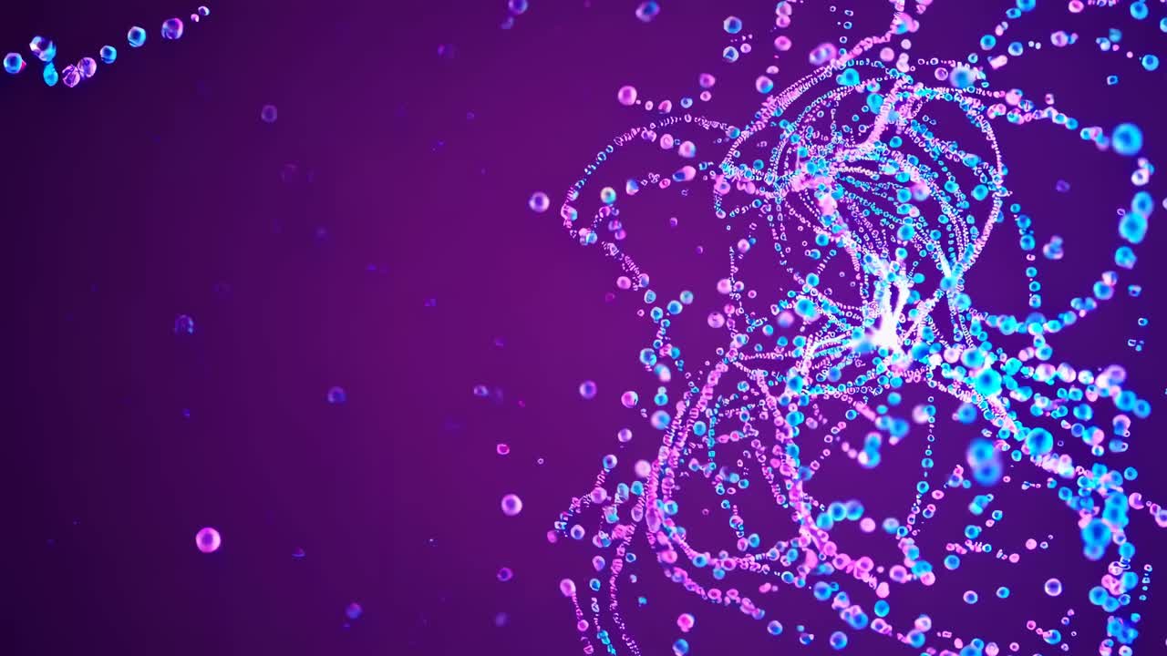 Abstract video with a close-up angle, showcasing vibrant, glowing particles on a purple background
