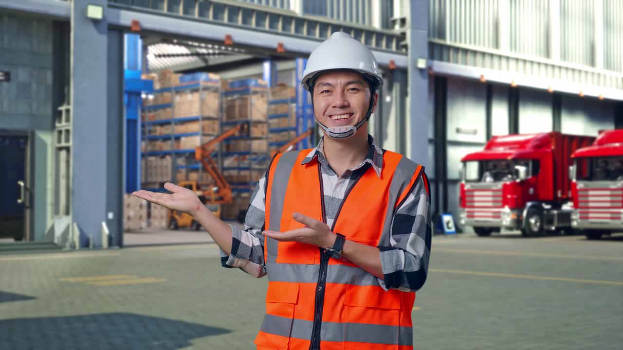 Asian Male Engineer With Safety Helmet Smiling And Pointing To Side While Standing , Outside of Logistics Distributions Warehouse