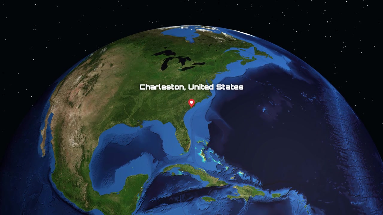 A digital animation zooms from deep space into North America, pinpointing Charleston, South Carolina