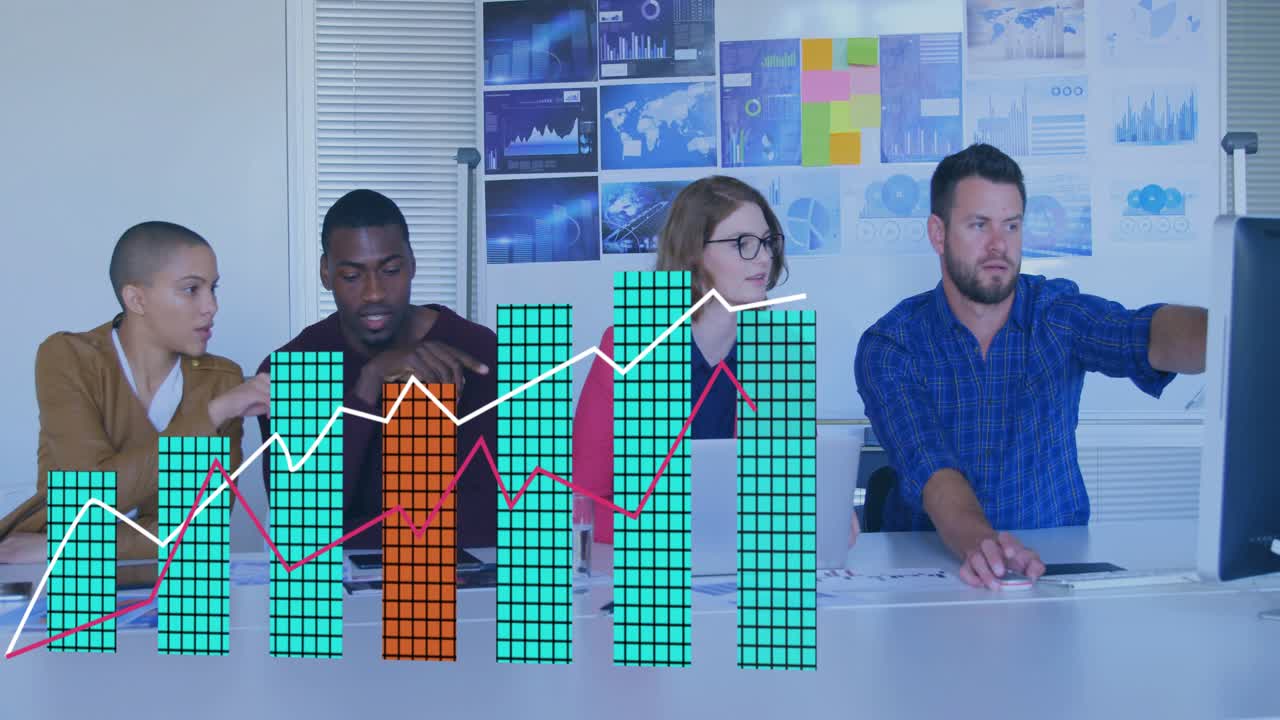 Business team around table, second pointing causing stacked bars and trend lines growing for review