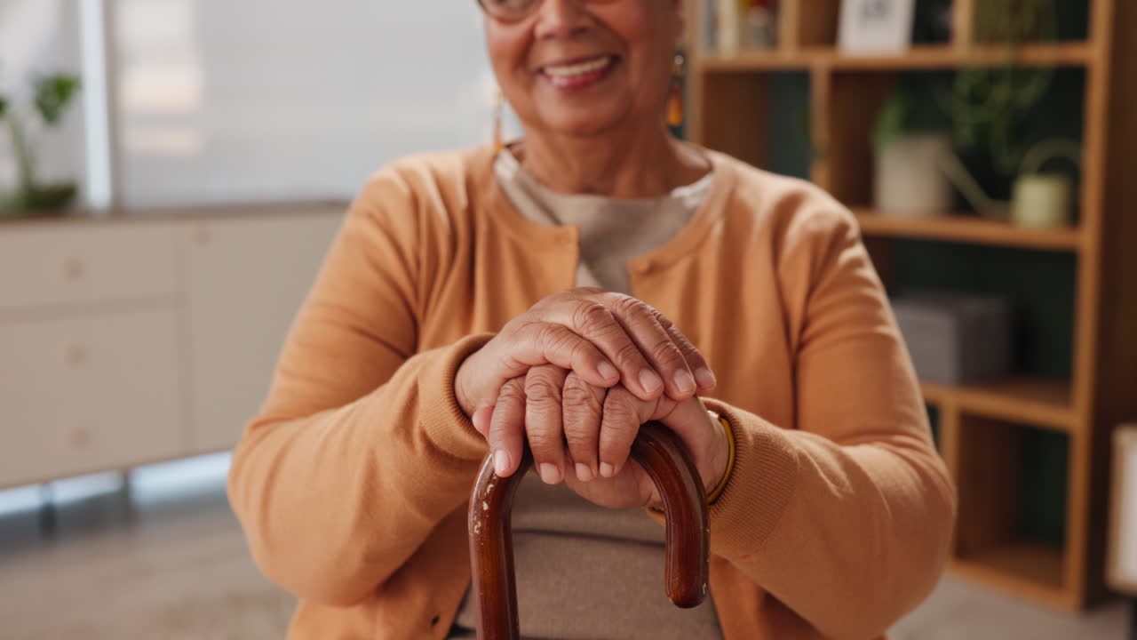 Senior Woman with Walking Cane at Home