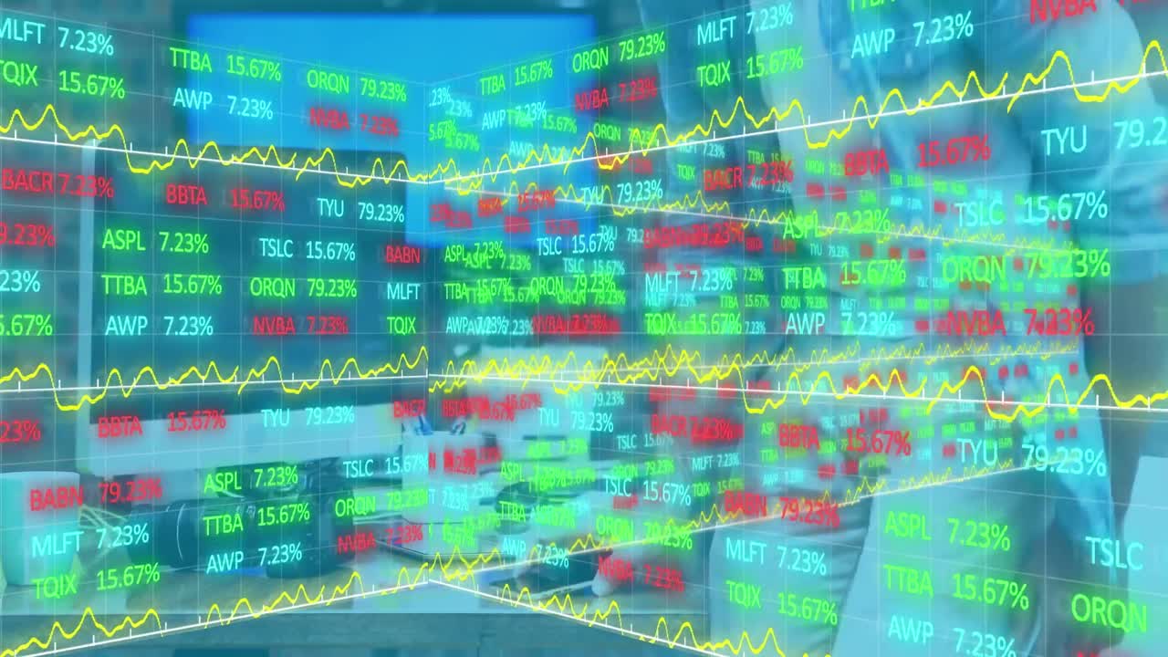 사무실에서 일하는 사업가 여성에 대한 금융 데이터 처리 애니메이션