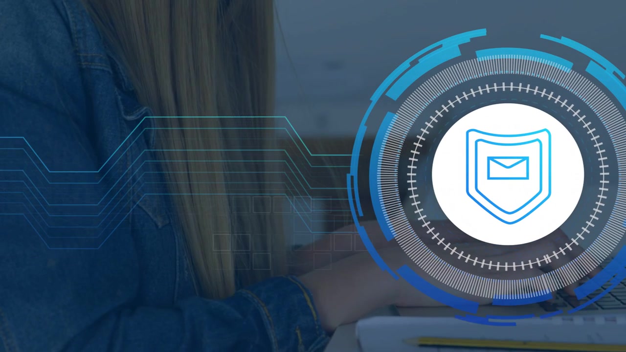 Female student typing on laptop, initiating pulsing shield mail HUD, securing email for education